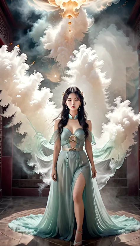 chinese mystical beauty, vintage style, exposed beauty, perfect face, perfect body, mystical background, ethereal atmosphere, as...