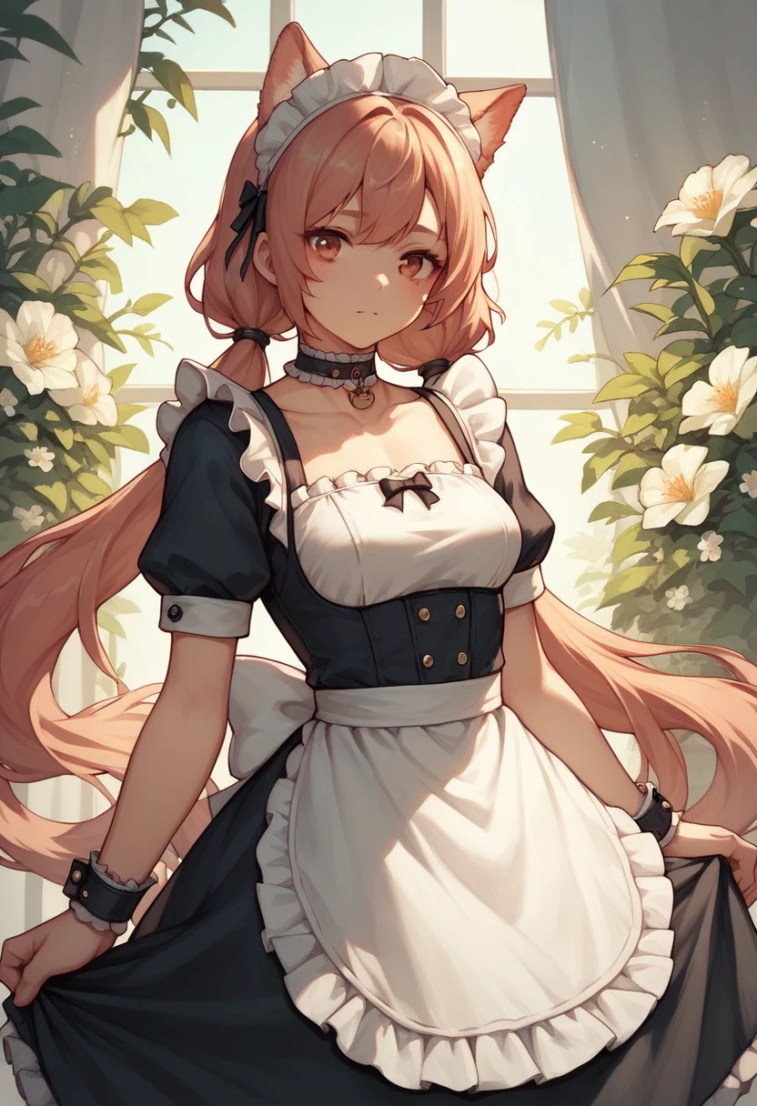 It 1, flower, Twin tails, low Twin tails, Very long hair, dog girl choker, Maid&#39;s Headdress, Black kimono, Wide sleeves, Frills, heart, White apron, Sleeves are longer than the wrist, skirt, red skirt, Brown footwear, Cross-laced shoes、Huge breasts、blush、Sweat、trembling、Huge penis、Upper Body、Sticking out tongue、、Drooling、from the front、face、fellatio