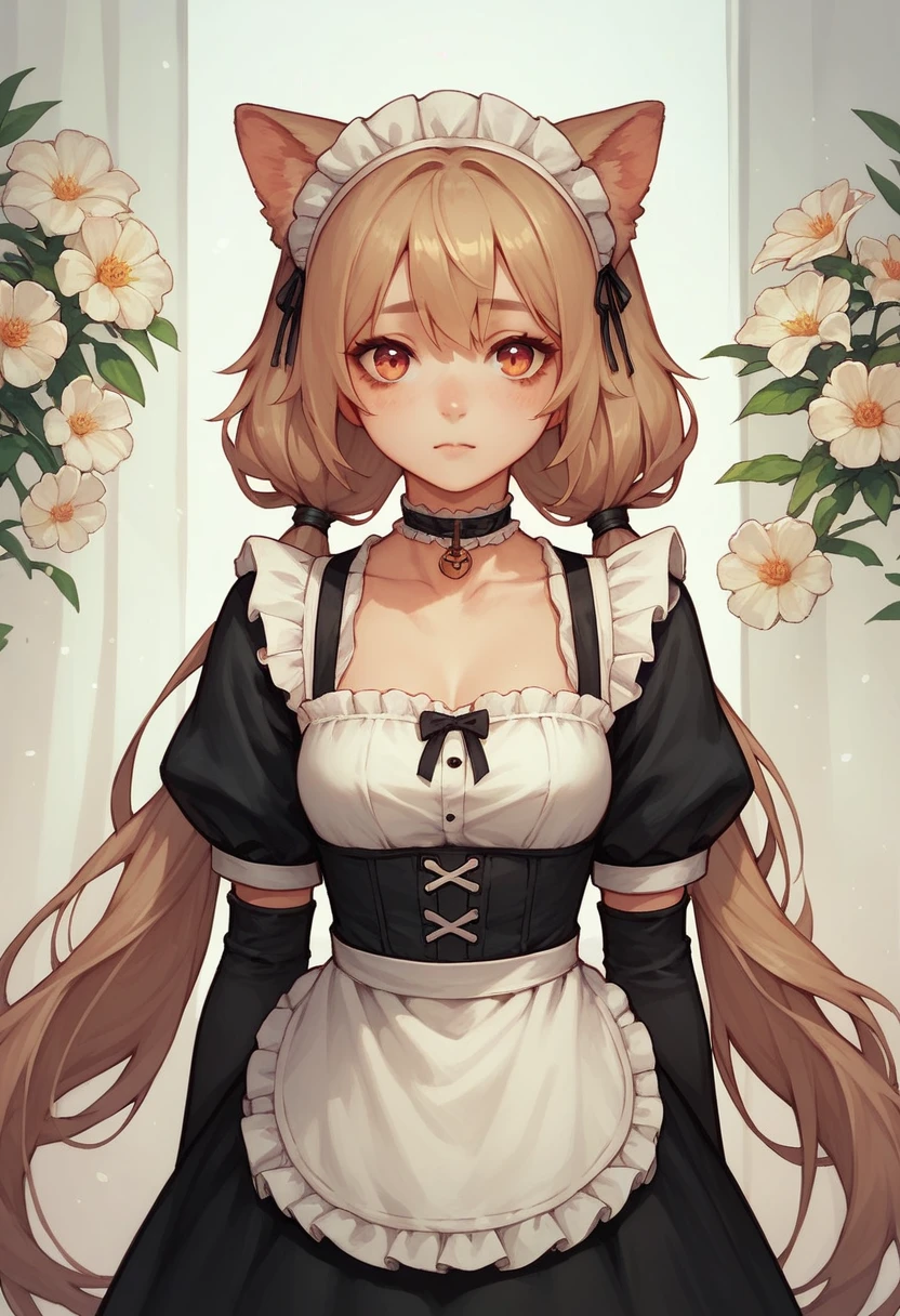 It 1, flower, Twin tails, low Twin tails, Very long hair, dog girl choker, Maid&#39;s Headdress, Black kimono, Wide sleeves, Frills, heart, White apron, Sleeves are longer than the wrist, skirt, red skirt, Brown footwear, Cross-laced shoes、Huge breasts、blush、Sweat、trembling、Huge penis、Upper Body、Sticking out tongue、、Drooling、from the front、face、fellatio