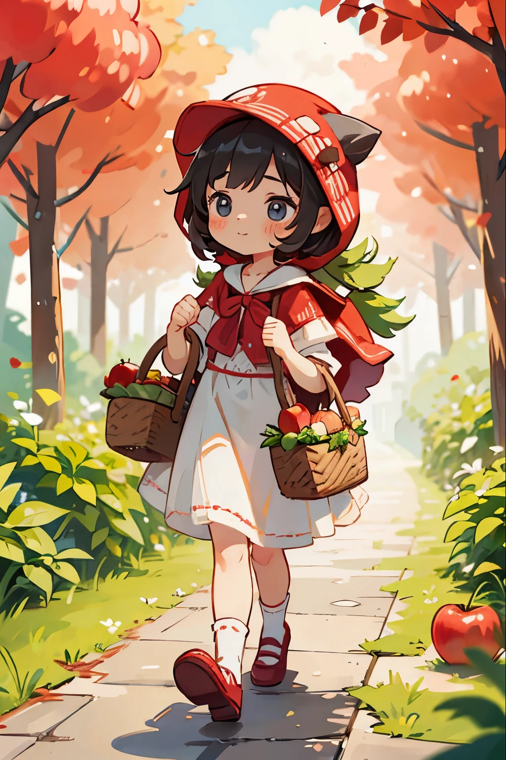 Girl dressed to go on an adventure、Dressed as Little Red Riding Hood、bustup、Walking while humming、Looks like a lot of fun、I have a basket with apple pie