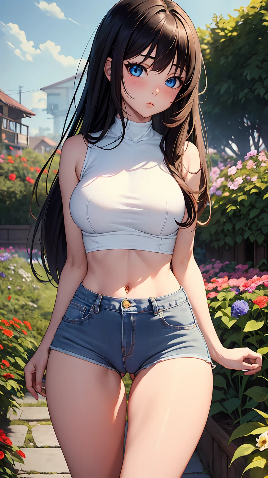 1girl, anime girl, anime, brunette, 2d girl, 16y, (fullbody), standing, anime girl, blue eyes, (long hair, black hair), casual shirt, Solo, Slim, Large Breasts, sfw, Tight Shorts, low waist shorts, upshorts, the garden background, flowers, afternoon sky, looking at viewer, darker shadows, (((explicit))), (((shorts))), (((absurdres))), (((thigh gap))), cameltoe, (((cameltoe))), (((cleft of venus))), (((sleeveless))),