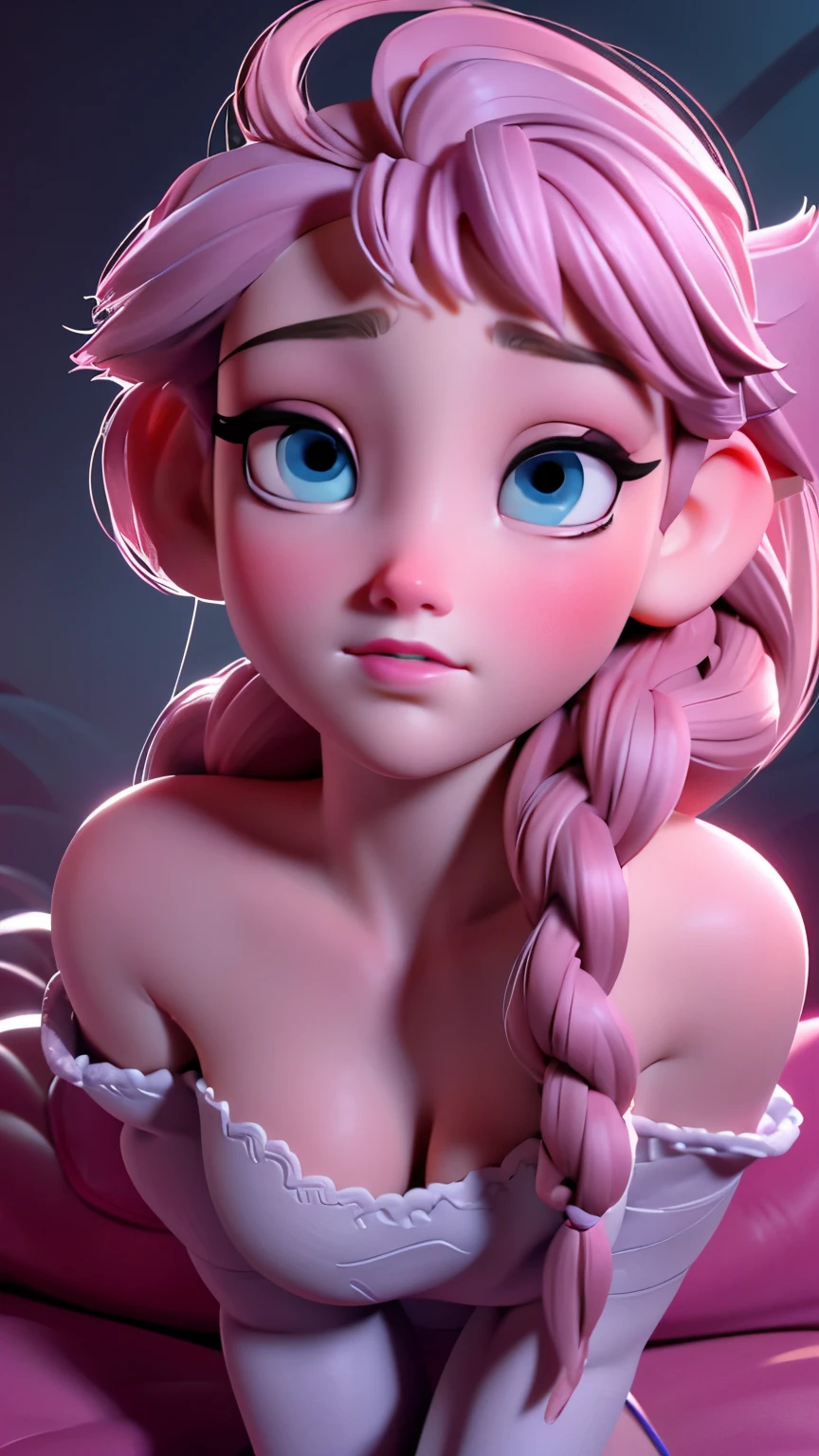 Elsa, (perky breasts), (((small breasts))), affected smile:1.2, beautiful blue eyes, (perfect iris), depth of color in your eyes, by rubio, wide, braid, full lips, blush, naked, She is showing her vagina, depth of field, bokeh, (Special attention to leather details.: 1.2), Masterpiece, Best Quality, ultra detailed, ultra hd, photorealistic, cinematographic, ((Medium camera shot)), sensual pose, seductive, nipples:1.4, looking to the camera, closeup of his face, her cheeks are blushed, 22 years, she is on her knees, eye contact:1.4, Angle elevation:1.5, ((Closeup on face)), Perfect face, (((visible breasts))) bokeh everything other than her Perfect face, The location is Arendelle in winter., ice castle