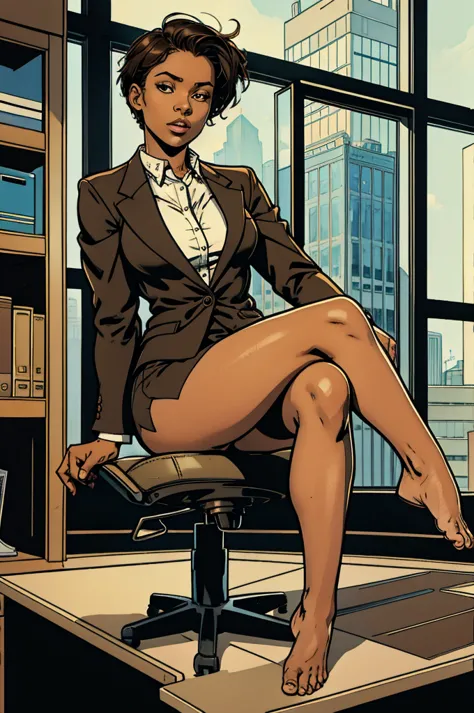 Girl in a suit, barefoot, showing feet, sitting, crossed legs, short hair, brown skin, ceo office on the top floor with glass in...