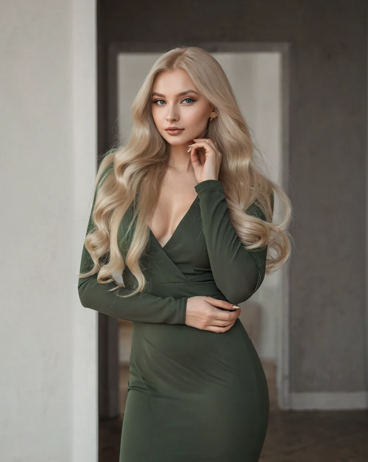 A woman in a green dress posing for a photo, with long blonde hair, Anna Nikonova aka Newmilky, Anastasia Ovchinnikova, Angelina Stroganova, tight dress, Yelena Belova, al estilo de kyrill kotashev, a beautiful blonde, Style of Julia Razumova, Aleksandra Waliszewska