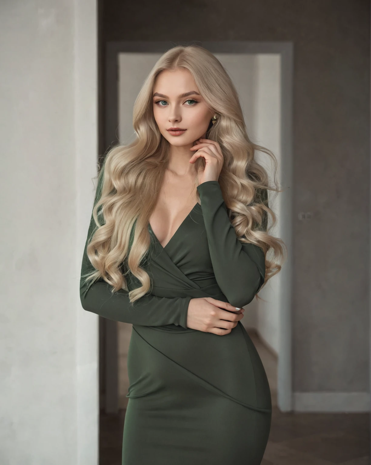 A woman in a green dress posing for a photo, with long blonde hair, Anna Nikonova aka Newmilky, Anastasia Ovchinnikova, Angelina Stroganova, tight dress, Yelena Belova, al estilo de kyrill kotashev, a beautiful blonde, Style of Julia Razumova, Aleksandra Waliszewska