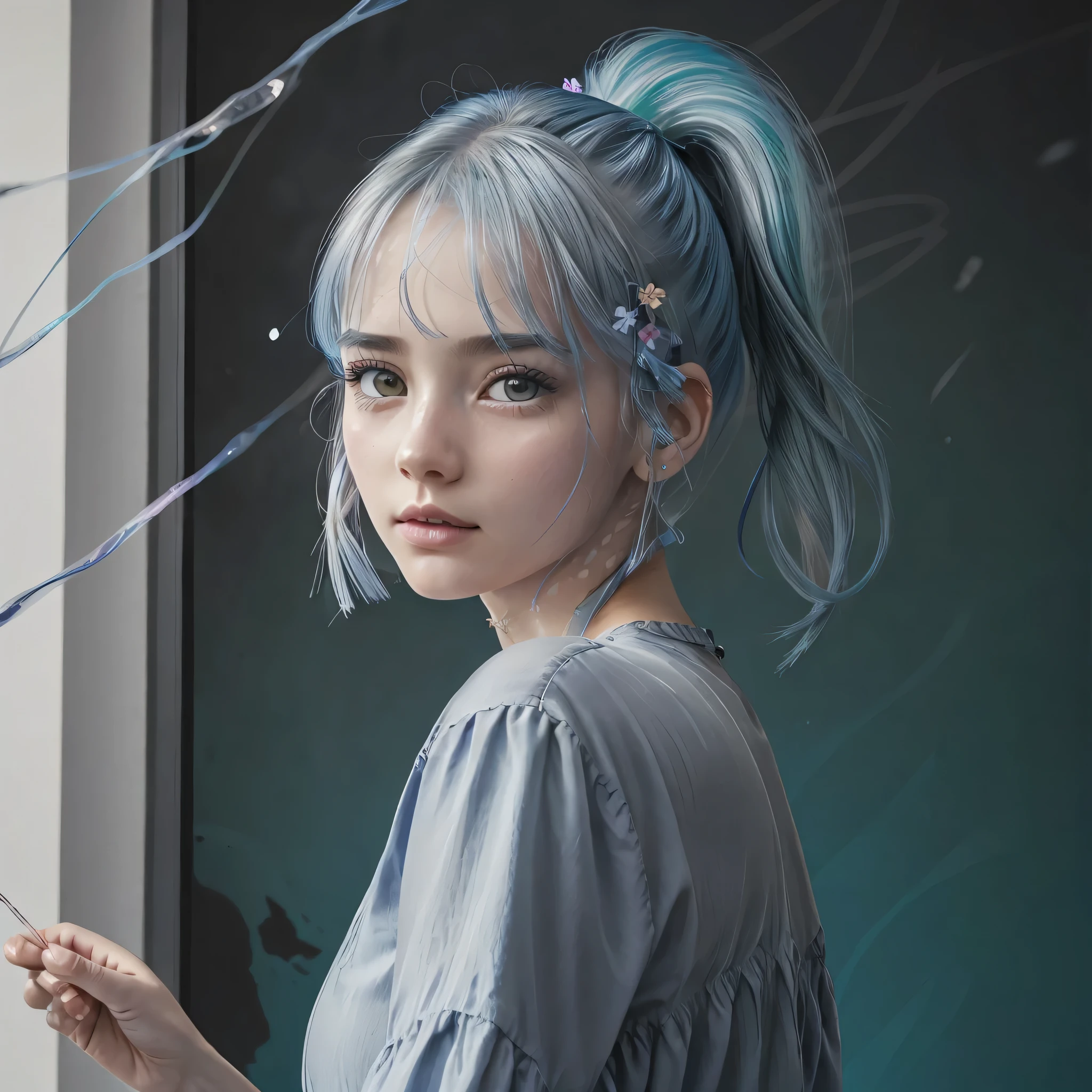 (masterpiece), (best quality), (ultra detailed),(disheveled hair),(illustration), (1girl), (Fashionable clothing), standing, Fashion model, looking at viewer, (interview), (simple background),beautiful detailed eyes, delicate beautiful face, Floating,(high saturation),(colorful splashes),colorful bubble,(shining), focus on body,  ponytail, kamisato ayaka, light blue hair, bangs, hair ring, floating flowers, floating hairs, (shining), best lighting, best shadow,