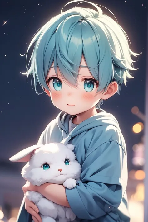 Cute little boy with green eyes and blue hair holding a cute stuffed rabbit with the backdrop of bright stars