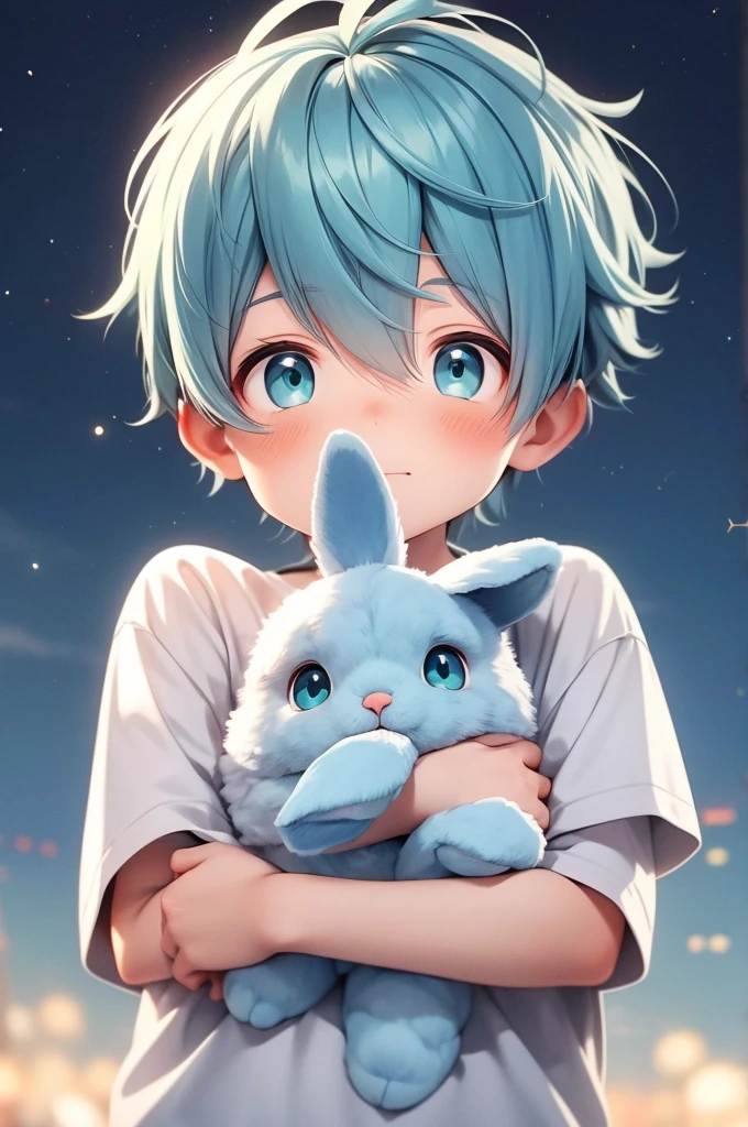 Cute little boy with green eyes and blue hair holding a cute stuffed rabbit with the backdrop of bright stars