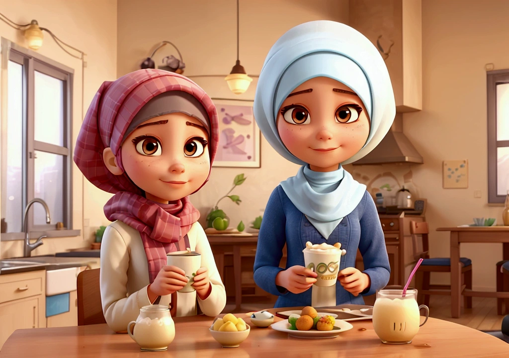 All the decor is modern and beautiful. A beautiful girl with a modern Islamic hijab tied to her neck. A character alone in the kitchen with no one else with her. A cartoon in the Disney Pixar style. She eats a cup of milk tea and two fried eggs in the morning. 