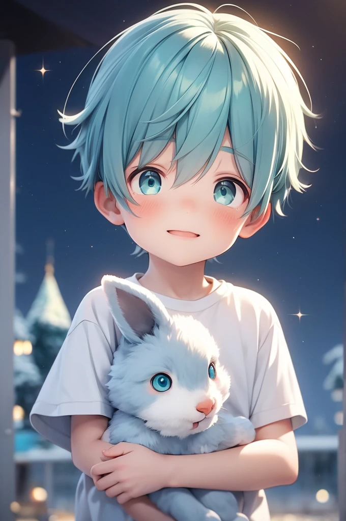 Cute little boy with green eyes and blue hair holding a cute stuffed rabbit with the backdrop of bright stars