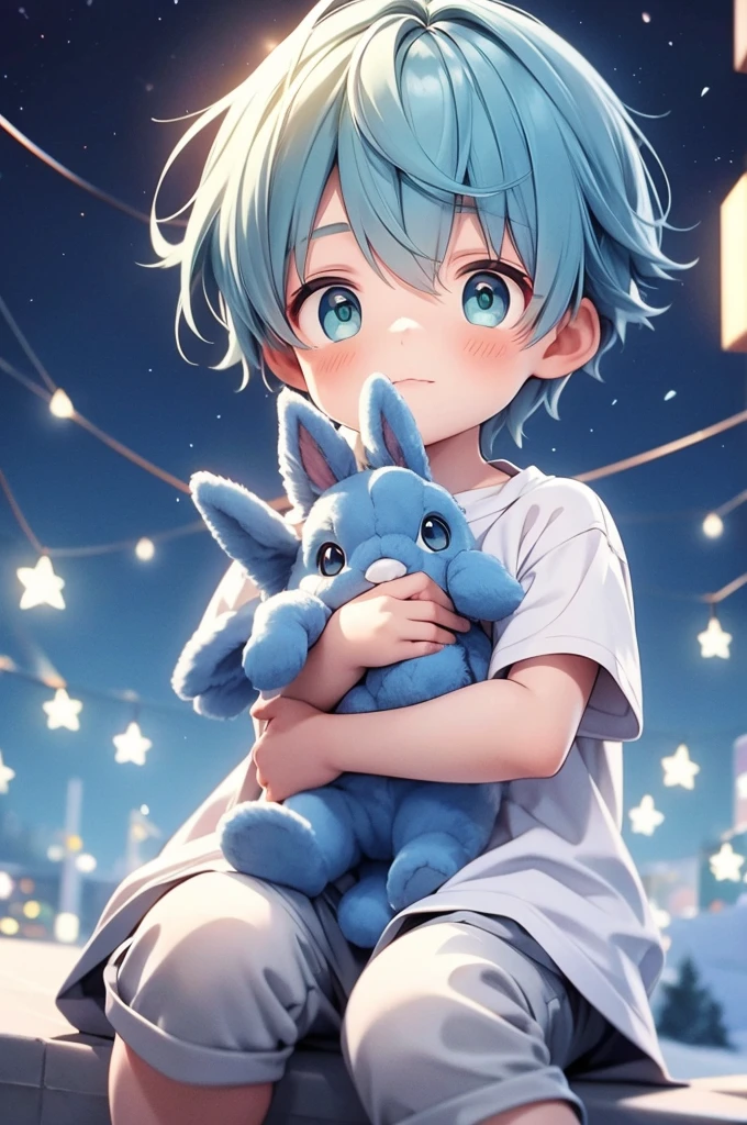 Cute little boy with green eyes and blue hair holding a cute stuffed rabbit with the backdrop of bright stars