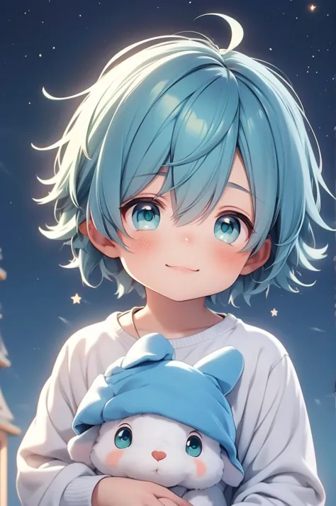 Cute little boy with green eyes and blue hair holding a cute stuffed rabbit with the backdrop of bright stars