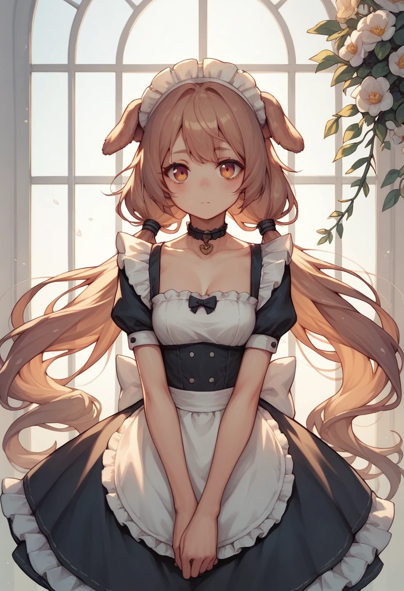 It 1, flower, Twin tails, low Twin tails, Very long hair, dog girl choker, Maid&#39;s Headdress, Black kimono, Wide sleeves, Frills, heart, White apron, Sleeves are longer than the wrist, skirt, red skirt、Huge breasts、blush、surprised、trembling、Huge penis、Upper Body、Sticking out tongue、srimk