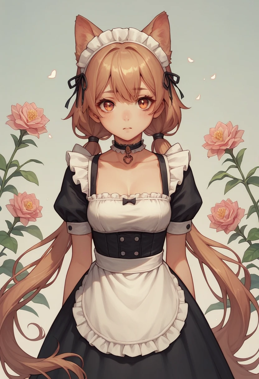 It 1, flower, Twin tails, low Twin tails, Very long hair, dog girl choker, Maid&#39;s Headdress, Black kimono, Wide sleeves, Frills, heart, White apron, Sleeves are longer than the wrist, skirt, red skirt、Huge breasts、blush、surprised、trembling、Huge penis、Upper Body、Sticking out tongue、srimk