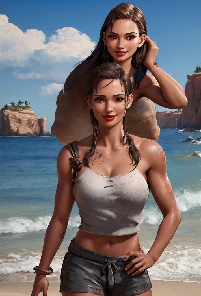 a smile woman in a topless nude a big-boobs  and shorts posing for a picture, a photorealistic painting by Ren Xiong, Artstation contest winner, digital art, muscular sweat lara croft, ultra realistic concept art, tifa lockhart, perfectly shaded body, tifa, lara croft, photorealistic concept art, ultrarealistic concept art, photorrealistic concept art, hyperrealistic concept art  walk on beach  background  ocean