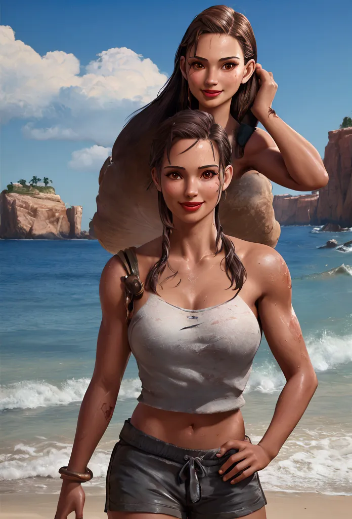 a smile woman in a topless nude a big-boobs  and shorts posing for a picture, a photorealistic painting by Ren Xiong, Artstation...