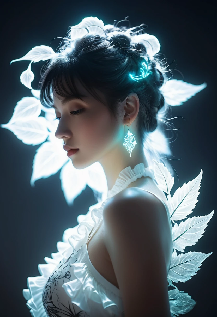 ((jewel_light element)), (translucent luminous body_wearing a white frilled blouse), (girl made of light:1.2), (minimalism:0.5), (close-up angle above the waist:1.3), low angle shot, (Tattoo: 0.7), 4K, HDR, acid graphics, plant 1 girl, fantasy work, [detail vivid face: 0.33], (white translucent luminous body and hair: 1.3), silhouette outline and luminous beautiful woman, understated elegance reveals. A calm and profound atmosphere offering subtle luxury. Gray smooth texture, stylish pose, fluorescence, luminous tattoo, bioluminescent tattoo, glowing pattern.