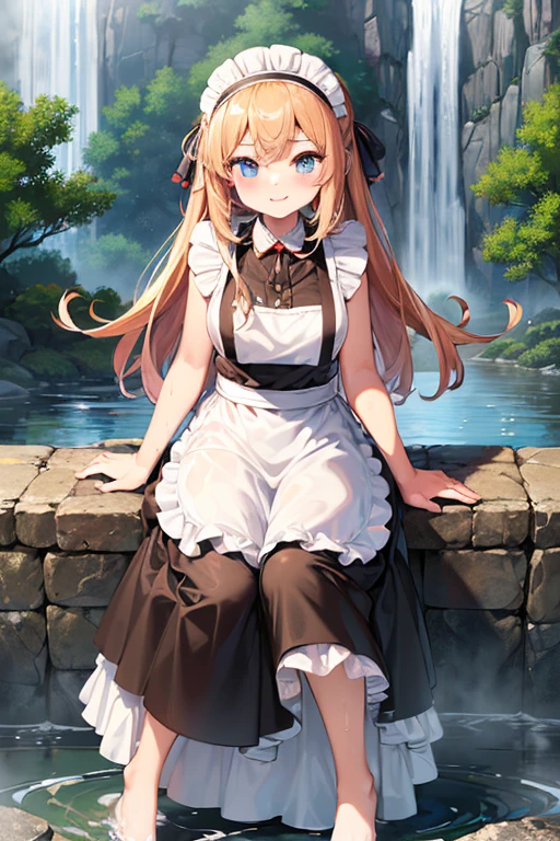 (Super best quality:1.6), (Highest quality:1.4), (Attention to detail:1.4), (Ultra-high resolution:1.6), (Detailed face), (Maid clothes, White apron, Headband, Black Dress, ribbon, Maid clothes, Classic, Long:1.4), (白と黒のMaid clothes), Blonde, Blue Eyes, Cat ear, cute, Small breasts, The best smile, Looks happy, Soaked from head to toe, (Water drips from the clothes:1.6), (Water Drop:1.6), (Soaked from head to toe:1.4), (全身にWater Drop:1.6), (Entering the water fully clothed:1.4), (全身からWater Dropが垂れる:1.6), (Big waterfall, Taki training), In the water, Deep River, Deep pond, Being struck by a waterfall, Waterfall basin, Waterlogged, (Bathing in a waterfall:1.6), (Bathing fully clothed), Bathing, Waterfall shower, Waterfall bath, natural, 