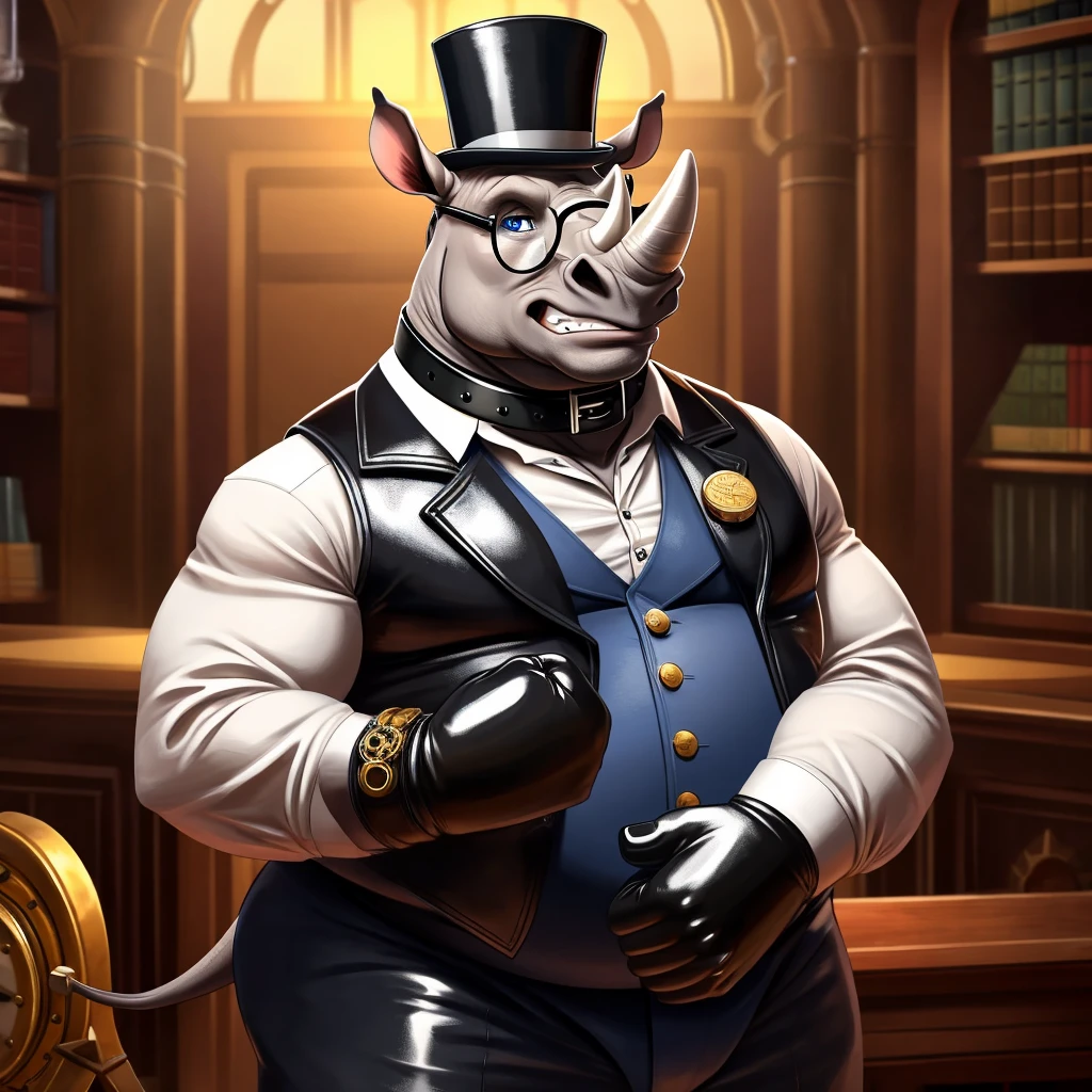 Solo, Male, fat, extremely obese, gentleman, dapper Professor Rhinoceros, blue eyes, (posing:1.3), (soft shading), 4k, hi res, ((detailed face, detailed)), looking at viewer, mouth wide open, steampunk, collared shirt with buttons, top hat, male focus, Explorer Outfit, glasses, monocle, vest with buttons, sleeves rolled up, round eyewear, brown headwear, brown vest, Rhinoceros is wearing a glossy leather dog collar around the neck, Rhinoceros is wearing the leather collar and shirt and vest at the same time, Rhinoceros is wearing glossy white rubber gloves on the hands, wearing white rubber gloves on the feet, gloves are rubber in texture, clenching teeth, clenching fists, leather collar is glossy and shiny with a lot of detail, Rhinoceros is wearing gloves and leather collar at the same time, leather collar has a round dog-tag, leather collar is thick and detailed, leather collar is glossy and shiny, fancy clothing, dapper vest, dapper shirt, leather collar is thick.