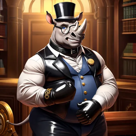 solo, male, fat, extremely obese, gentleman, dapper professor rhinoceros, blue eyes, (posing:1.3), (soft shading), 4k, hi res, (...