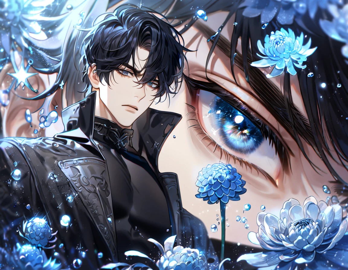 absurdres, highres, ultra detailed, HDR, master piece, best quality, extremely detailed, Yoo Joonghyuk, black hair, expressive gray eyes, Omniscient Reader's Viewpoint, solo, sexy man, handsome, black coat, black tight turtleneck shirt, fantasy, water, sparkling, blue glittering fireflies, blue moon, blue blossoms, blue chrysanthemums, blue sparkling lights, starry sky