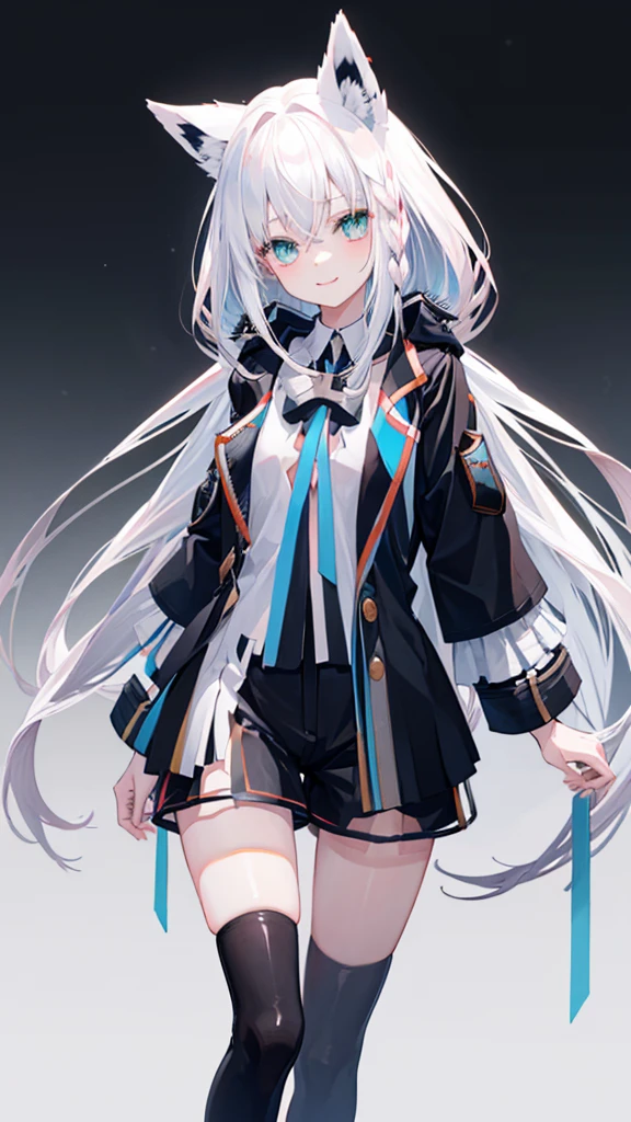 Yandere-style look、Character portrait、Model pose、Cute pose、((Highest quality)), ((masterpiece)), ((Ultra-detailed)), (Very delicate and beautiful), ((Black jacket)),Wicked Smile,、Pink inner color,Shorts、Knee-high socks、long hair、