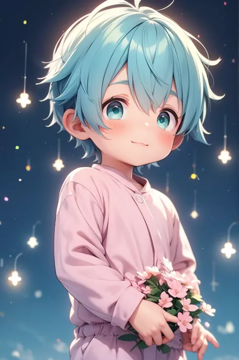 Cute little boy with green eyes and plush blue hair with the backdrop of bright stars He's wearing a pink jumpsuit He's holding ...