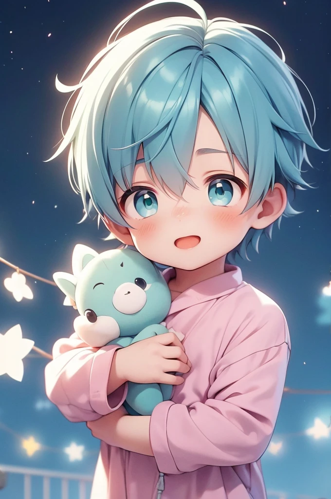 Cute little boy with green eyes and plush blue hair with the backdrop of bright stars He's wearing a pink jumpsuit He's holding a flower