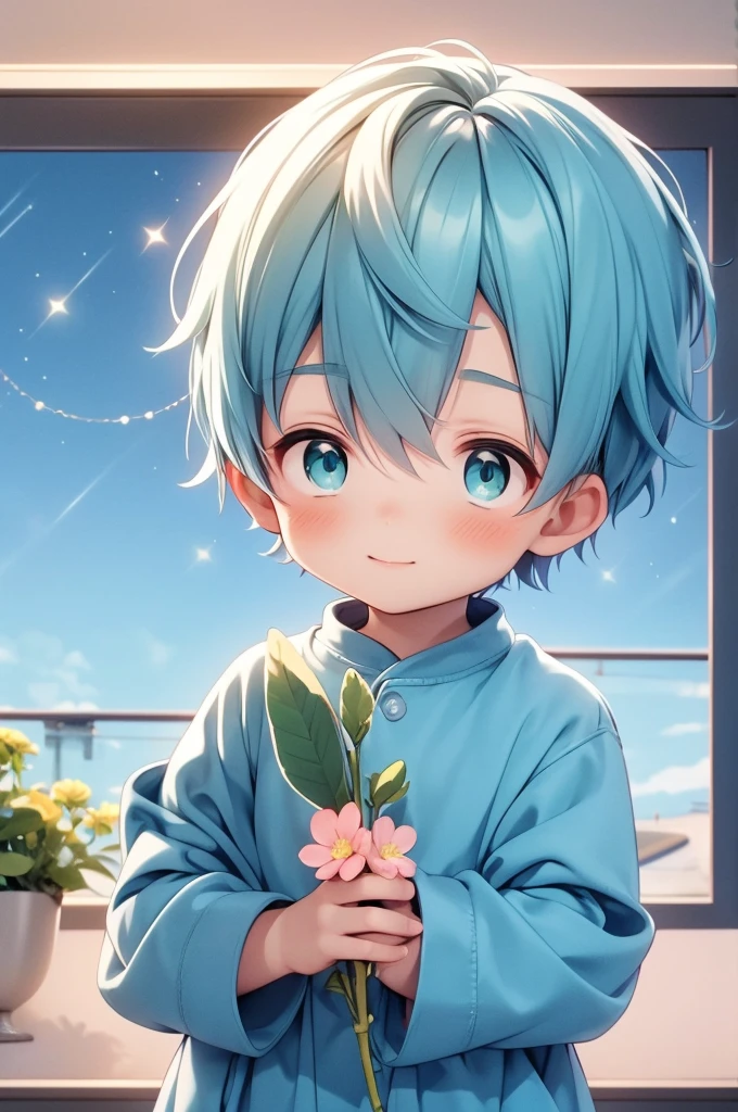 Cute little boy with green eyes and plush blue hair with the backdrop of bright stars He's wearing a pink jumpsuit He's holding a flower