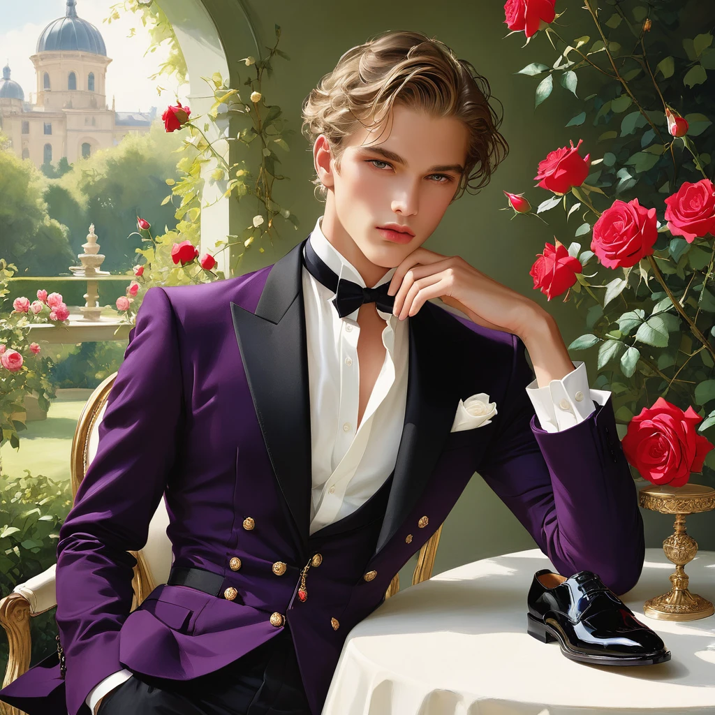 Create an image of a young man inspired by the characteristics of the rose 'The Prince.' The male model should be standing in a poised and regal posture, with one hand lightly touching his chin and the other resting by his side, evoking a sense of deep contemplation and elegance. He should be dressed in a deep, rich velvet jacket in dark purple or crimson, adorned with intricate embroidery and layered over a crisp white shirt, complemented by dark tailored trousers and polished black shoes. His clothing should reflect the complex, multi-petaled structure of the rose, with detailed textures and luxurious fabrics.

The composition should place the model slightly off-center, allowing for a view of a lush garden background with glossy green leaves and hints of blooming roses, creating a natural yet sophisticated setting. Soft, diffused lighting should be used to highlight the model's features and clothing, casting gentle shadows that add depth and dimension to the image. The overall atmosphere should be one of quiet intensity and refined elegance, with a subtle hint of romanticism.

The photo should be taken at eye level with a slight upward angle to emphasize the model's regal presence, using a medium-format camera like the Hasselblad H6D-100c for its exceptional detail and color accuracy. A prime lens with a wide aperture, such as the Zeiss Otus 85mm f/1.4, should be used to achieve a shallow depth of field, ensuring the model stands out sharply against the softly blurred background.

For inspiration, consider the works of photographers like Mario Testino, known for his ability to capture elegance and refinement in fashion photography, and Tim Walker, whose use of lush, dreamlike settings and intricate details would complement the theme perfectly. ((full-body image)), fashion sketching, realistic drawing, ((imperfect water color drawing background)), 