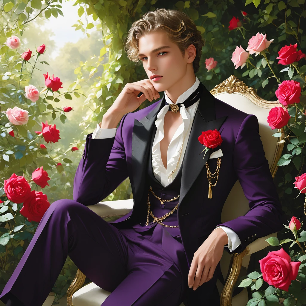 Create an image of a young man inspired by the characteristics of the rose 'The Prince.' The male model should be standing in a poised and regal posture, with one hand lightly touching his chin and the other resting by his side, evoking a sense of deep contemplation and elegance. He should be dressed in a deep, rich velvet jacket in dark purple or crimson, adorned with intricate embroidery and layered over a crisp white shirt, complemented by dark tailored trousers and polished black shoes. His clothing should reflect the complex, multi-petaled structure of the rose, with detailed textures and luxurious fabrics.

The composition should place the model slightly off-center, allowing for a view of a lush garden background with glossy green leaves and hints of blooming roses, creating a natural yet sophisticated setting. Soft, diffused lighting should be used to highlight the model's features and clothing, casting gentle shadows that add depth and dimension to the image. The overall atmosphere should be one of quiet intensity and refined elegance, with a subtle hint of romanticism.

The photo should be taken at eye level with a slight upward angle to emphasize the model's regal presence, using a medium-format camera like the Hasselblad H6D-100c for its exceptional detail and color accuracy. A prime lens with a wide aperture, such as the Zeiss Otus 85mm f/1.4, should be used to achieve a shallow depth of field, ensuring the model stands out sharply against the softly blurred background.

For inspiration, consider the works of photographers like Mario Testino, known for his ability to capture elegance and refinement in fashion photography, and Tim Walker, whose use of lush, dreamlike settings and intricate details would complement the theme perfectly. ((full-body image)), fashion sketching, realistic drawing, ((imperfect water color drawing background)), 