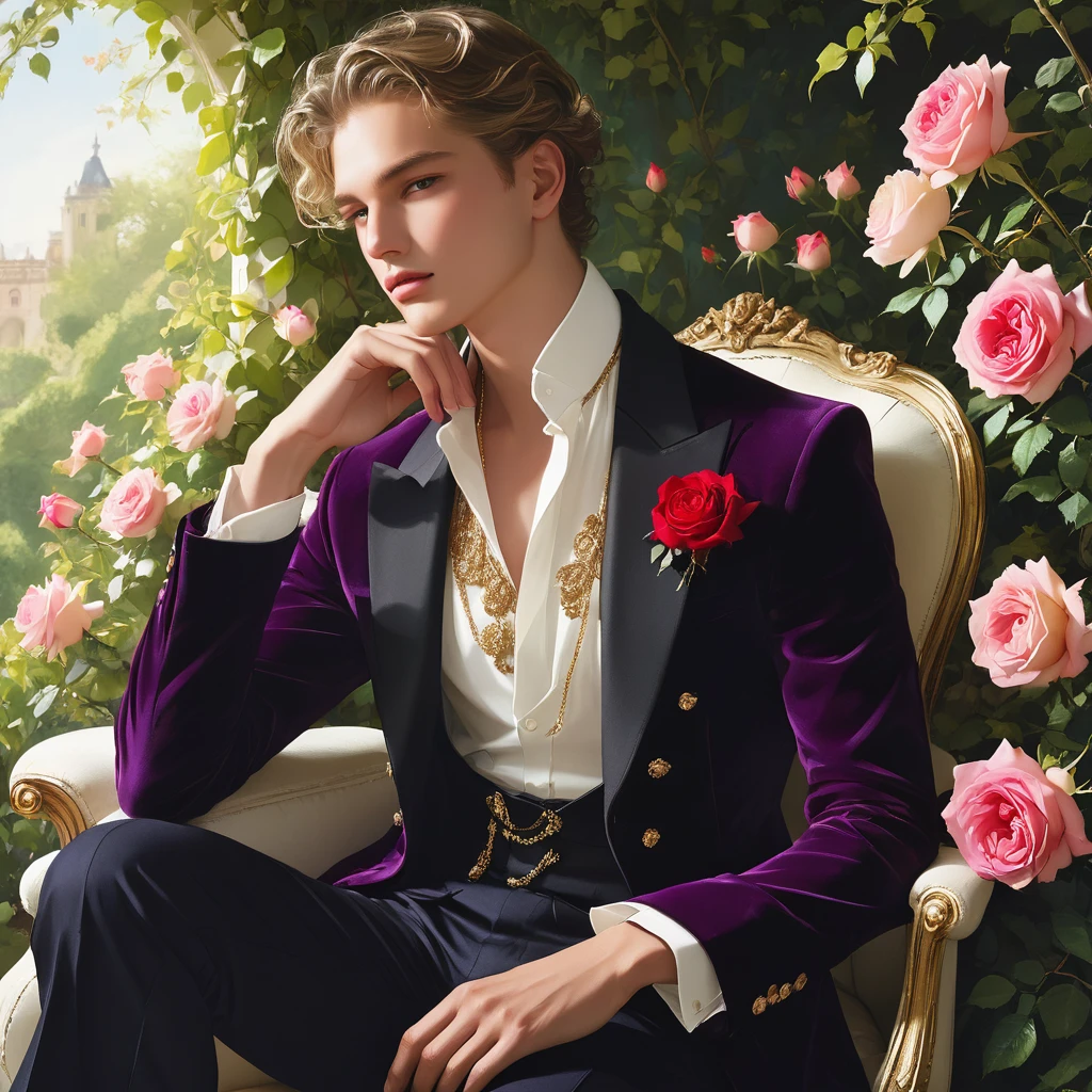 Create an image of a young man inspired by the characteristics of the rose 'The Prince.' The male model should be standing in a poised and regal posture, with one hand lightly touching his chin and the other resting by his side, evoking a sense of deep contemplation and elegance. He should be dressed in a deep, rich velvet jacket in dark purple or crimson, adorned with intricate embroidery and layered over a crisp white shirt, complemented by dark tailored trousers and polished black shoes. His clothing should reflect the complex, multi-petaled structure of the rose, with detailed textures and luxurious fabrics.

The composition should place the model slightly off-center, allowing for a view of a lush garden background with glossy green leaves and hints of blooming roses, creating a natural yet sophisticated setting. Soft, diffused lighting should be used to highlight the model's features and clothing, casting gentle shadows that add depth and dimension to the image. The overall atmosphere should be one of quiet intensity and refined elegance, with a subtle hint of romanticism.

The photo should be taken at eye level with a slight upward angle to emphasize the model's regal presence, using a medium-format camera like the Hasselblad H6D-100c for its exceptional detail and color accuracy. A prime lens with a wide aperture, such as the Zeiss Otus 85mm f/1.4, should be used to achieve a shallow depth of field, ensuring the model stands out sharply against the softly blurred background.

For inspiration, consider the works of photographers like Mario Testino, known for his ability to capture elegance and refinement in fashion photography, and Tim Walker, whose use of lush, dreamlike settings and intricate details would complement the theme perfectly. ((full-body image)), fashion sketching, realistic drawing, ((imperfect water color drawing background)), 