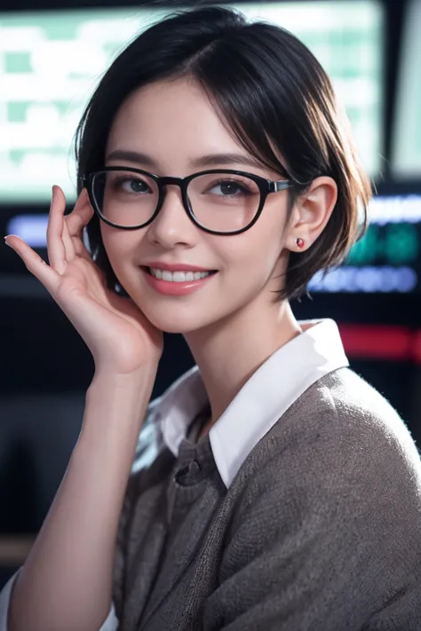 a girl with short hair, wearing transparent glasses, smiling and raising her hand, in a stock market setting, half-body shot, sm...