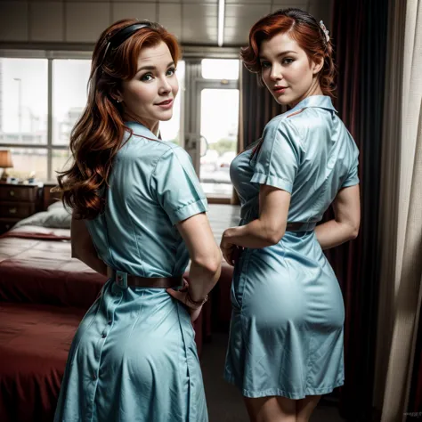 retro cam. melissa gilbert, hospital, nurse uniform, pin-up, vintage dress, 22 years old, perfect body, 40's, perspective, half ...