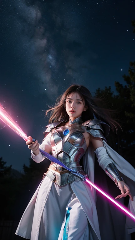 Pink battle armor、Goddess of War、Staff、High resolution、Unknown powers、thunder、Wind、inflammation、muscle、Planetary alignment、Starry Sky、Blue light、Laser beam、