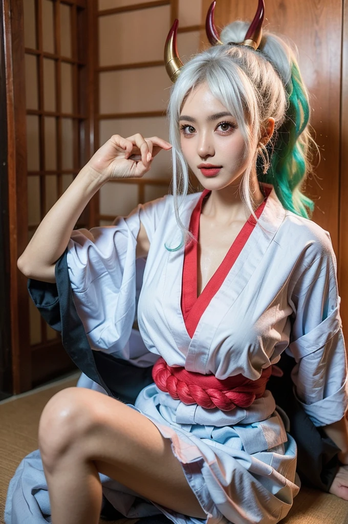 Yamato,One girl,alone,horn,Yamato \(one piece\),kimono,Sitting,Underarm,curled horn,Long Hair,chest,Side bust,rope,Multicolored Hair,Gray Hair,kimono,red horn,No sleeve kimono,indoor,No sleeve,Green Hair,feet,裸feet,hakama pants,They are,ability,hair ornaments,pants,Two-tone hair,very Long Hair,Hakama skirt,Bare arms,
Highest quality,masterpiece,figure,Very delicate and beautiful,CG,Unity,8k wallpaper,wonderful,In detail,masterpiece,Official Art,Very detailed CG Unity 8k wallpaper,Incredibly absurd,Large file size,Super detailed,High resolution,Very detailed,Beautiful detailed girl,Realistic,