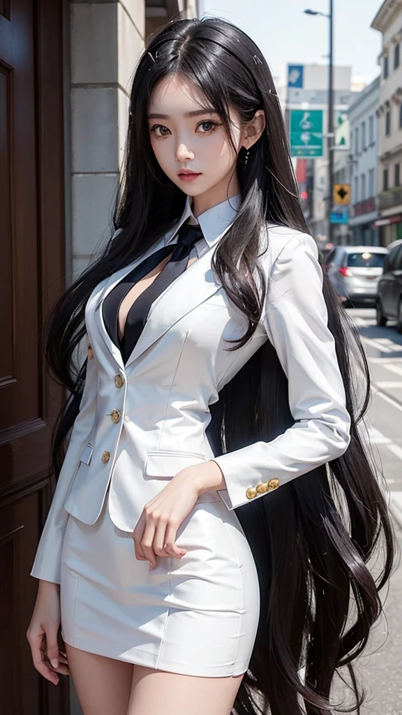 woman, กระโปรงสั้นwhite, คลุมเสื้อsuitwhite, skirt only, (สาวสวยTwo meter long hair, my hair is very long., extra long hair, long black hair), (suitสไตล์อิตาลี, suitสองปุ่ม), (Italian suit, white suit, Set of two buttons), (ใส่suitwoman, Business woman&#39;suit, white), (suitwomanwhite), (เสื้อเชิ้ตwhite), necktie, (necktieสั้นสีดำ, necktieสีดำ, necktieผอม, ถักnecktie), (military rank insignia), (Short pencil skirtwhite), (Dynamic posts), full body, (A gigantic rift), (big breasts, thin body, small waist, hips raised, small thighs, Long legs), high-heelsสีดำ, (Short pencil skirt, white), Wearing a suit for a business woman, (Wearing a white businessuit, suitนักธุรกิจหญิงwhite), (tight, military regalia, เสื้อwhite, กระโปรงwhite), (black shoes), (Two gold suit buttons, Two meter long hair, suitเข้ารูป, เสื้อsuitwhiteทรงธรรมดารัดรูป), (black shoes, high-heels), (stand, walk, elegant gesture, Dynamic posts), short dress, earring, garden, monument