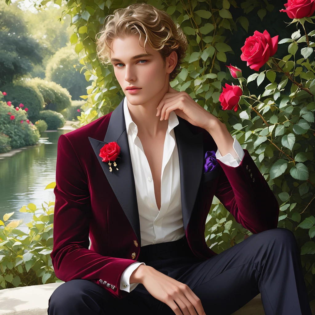 Create an image of a young man inspired by the characteristics of the rose 'The Prince.' The male model should be standing in a poised and regal posture, with one hand lightly touching his chin and the other resting by his side, evoking a sense of deep contemplation and elegance. He should be dressed in a deep, rich velvet jacket in dark red-purple or red wine, adorned with intricate embroidery and layered over a crisp white shirt, complemented by dark tailored trousers and polished black shoes. His clothing should reflect the complex, multi-petaled structure of the rose, with detailed textures and luxurious fabrics.

The composition should place the model slightly off-center, allowing for a view of a lush garden background with glossy green leaves and hints of blooming roses, creating a natural yet sophisticated setting. Soft, diffused lighting should be used to highlight the model's features and clothing, casting gentle shadows that add depth and dimension to the image. The overall atmosphere should be one of quiet intensity and refined elegance, with a subtle hint of romanticism.

The photo should be taken at eye level with a slight upward angle to emphasize the model's regal presence, using a medium-format camera like the Hasselblad H6D-100c for its exceptional detail and color accuracy. A prime lens with a wide aperture, such as the Zeiss Otus 85mm f/1.4, should be used to achieve a shallow depth of field, ensuring the model stands out sharply against the softly blurred background.

For inspiration, consider the works of photographers like Mario Testino, known for his ability to capture elegance and refinement in fashion photography, and Tim Walker, whose use of lush, dreamlike settings and intricate details would complement the theme perfectly. ((full-body image)), fashion sketching, realistic drawing, ((imperfect water color drawing background)), 