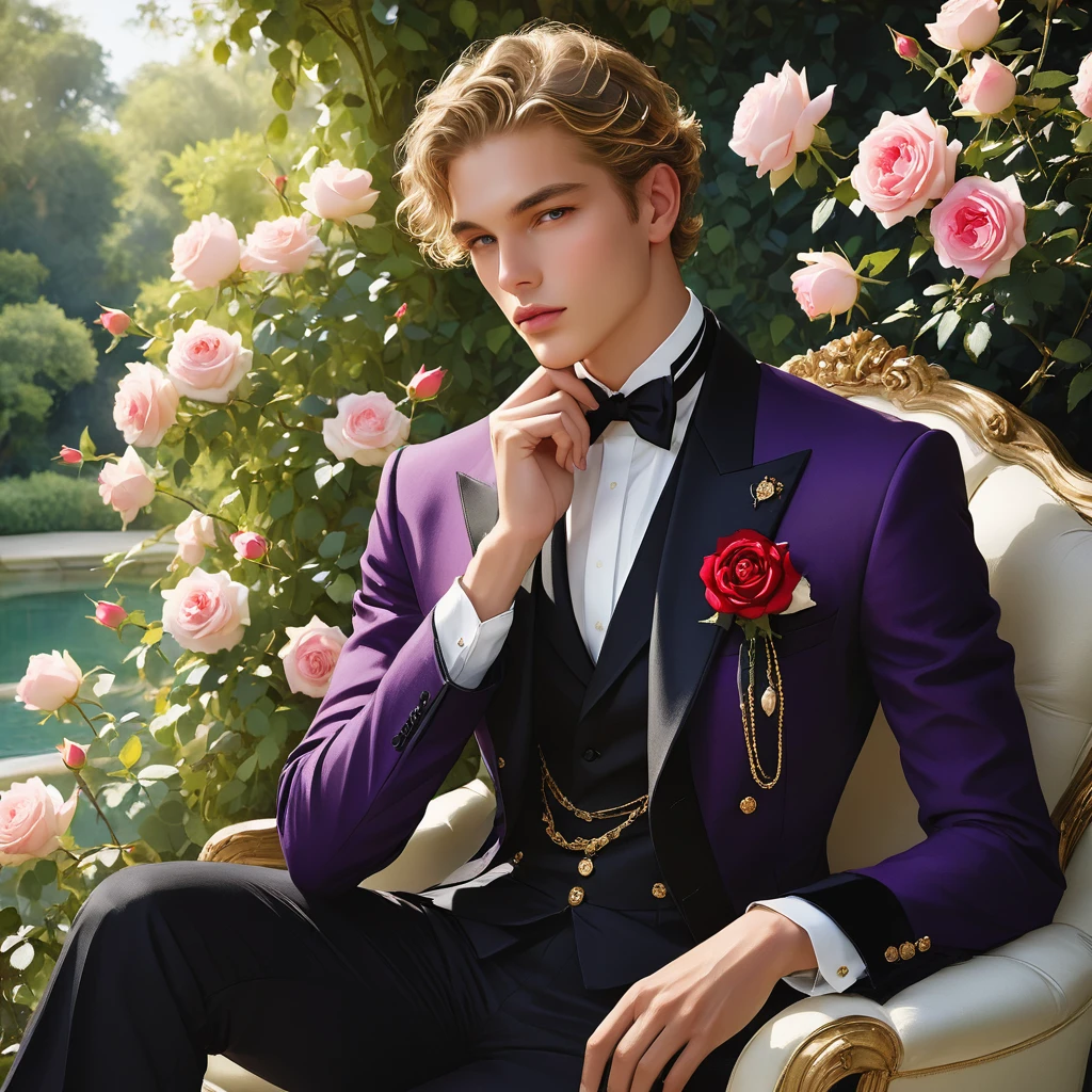 Create an image of a young man inspired by the characteristics of the rose 'The Prince.' The male model should be standing in a poised and regal posture, with one hand lightly touching his chin and the other resting by his side, evoking a sense of deep contemplation and elegance. He should be dressed in a deep, rich velvet jacket in dark red-purple or red wine, adorned with intricate embroidery and layered over a crisp white shirt, complemented by dark tailored trousers and polished black shoes. His clothing should reflect the complex, multi-petaled structure of the rose, with detailed textures and luxurious fabrics.

The composition should place the model slightly off-center, allowing for a view of a lush garden background with glossy green leaves and hints of blooming roses, creating a natural yet sophisticated setting. Soft, diffused lighting should be used to highlight the model's features and clothing, casting gentle shadows that add depth and dimension to the image. The overall atmosphere should be one of quiet intensity and refined elegance, with a subtle hint of romanticism.

The photo should be taken at eye level with a slight upward angle to emphasize the model's regal presence, using a medium-format camera like the Hasselblad H6D-100c for its exceptional detail and color accuracy. A prime lens with a wide aperture, such as the Zeiss Otus 85mm f/1.4, should be used to achieve a shallow depth of field, ensuring the model stands out sharply against the softly blurred background.

For inspiration, consider the works of photographers like Mario Testino, known for his ability to capture elegance and refinement in fashion photography, and Tim Walker, whose use of lush, dreamlike settings and intricate details would complement the theme perfectly. ((full-body image)), fashion sketching, realistic drawing, ((imperfect water color drawing background)), 