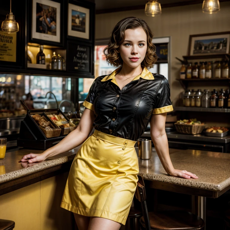 Retro Cam. rachel mcadams, restaurante, waitress uniform, yellow, pin-up, vintage dress, 22 years old, perfect body, 40's, perspective, half body detail, sharp focus, light mix, detail, 50's, (high skin detail: 1,2), 8k hd, Wallpaper, DSLR, Luz outfit, high quality, Fujifilm XT3 Grainy Films.