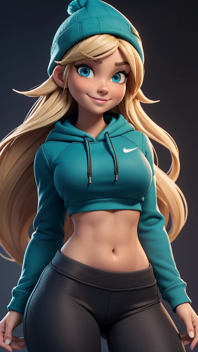  adult woman, cute, teal eyes, smile, stylized, cute smile, very long blonde hair, thin eyebrows, slight freckles, anatomically correct, masterpiece, best high quality, ultra details, ((top quality)), ((masterpiece)) (detailed), cinematic lighting, complex, high detail, sharp focus, huge breasts, Best proportions Four fingers and one thumb, adult, (2), standing, athletic, thick thighs, slim waist, thin waist, soft waist, curvy, curved thighs, thick, wide buttocks, slightly muscular arms, big thighs, black beanie, yoga torn lot holes pants , ( Nike Hoodie), skater woman, adult (( torn clothes nike hoodle))