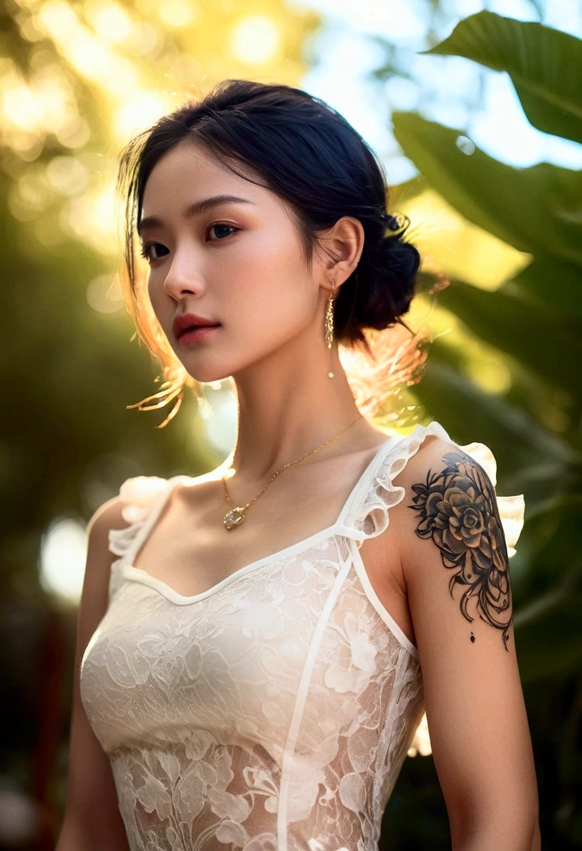 ((jewel_light element)), (translucent luminous body_wearing a golden frilled blouse), (girl made of light:1.2), (minimalism:0.5), (close-up angle above the waist:1.3), low angle shot, (Tattoo: 0.7), 4K, HDR, acid graphics, plant 1 girl, fantasy work, [detail vivid face: 0.33], (white translucent luminous body and hair: 1.3), silhouette outline and luminous beautiful woman, understated elegance reveals. A calm and deep atmosphere offering subtle luxury, sophisticated poses, fluorescence, luminescent tattoos, bioluminescent tattoos, and glowing patterns.