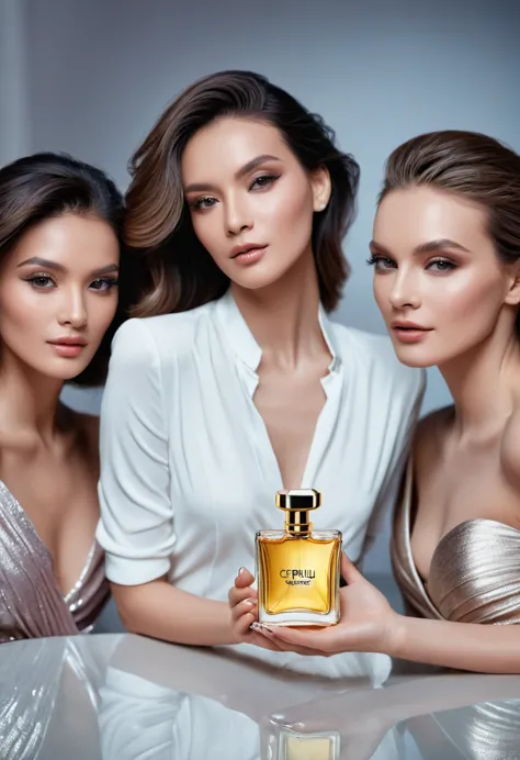 three beautiful and elegant women looking at the camera, perfume advertising