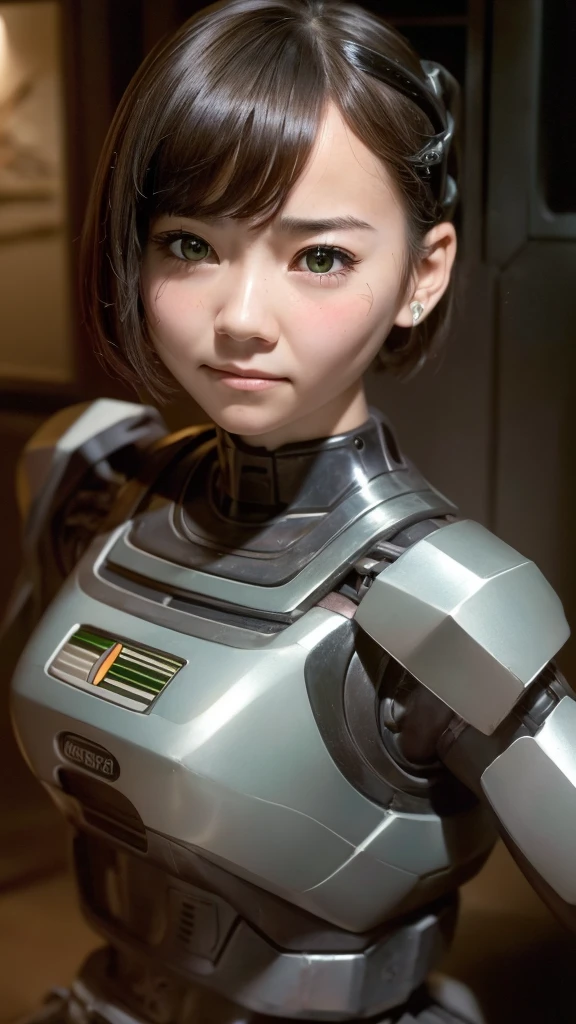 Textured skin, Very detailed, Attention to detail, high quality, 最high quality, High resolution, 1080P, hard disk, beautiful,(War Machine),beautifulサイボーグ女性,Dark Green Mecha Cyborg Girl,Fight,Girl with a mechanical body,、Kindergarten girl　Boyish short hair、Sweaty brown eyes、Sweaty face、Expressions of distress　Blushing　cute　Black-haired　((Steam coming from the head)) (Steam coming out of the whole body) Cool pose　No skin showing　Transformation pose