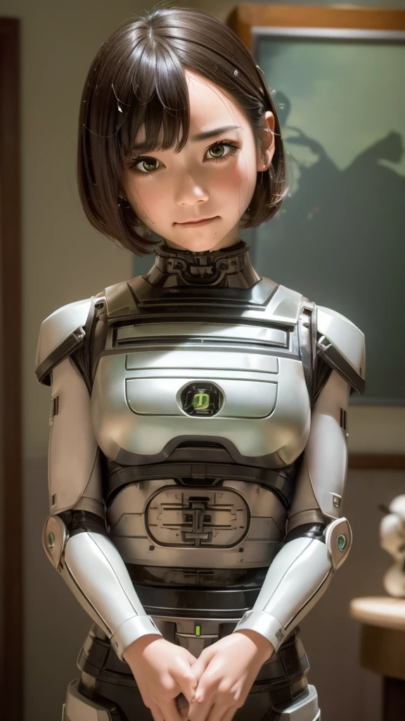 Textured skin, Very detailed, Attention to detail, high quality, 最high quality, High resolution, 1080P, hard disk, beautiful,(War Machine),beautifulサイボーグ女性,Dark Green Mecha Cyborg Girl,Fight,Girl with a mechanical body,、Kindergarten girl　Boyish short hair、Sweaty brown eyes、Sweaty face、Expressions of distress　Blushing　cute　Black-haired　((Steam coming from the head)) (Steam coming out of the whole body) Cool pose　No skin showing　Transformation pose