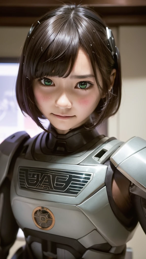 Textured skin, Very detailed, Attention to detail, high quality, 最high quality, High resolution, 1080P, hard disk, beautiful,(War Machine),beautifulサイボーグ女性,Dark Green Mecha Cyborg Girl,Fight,Girl with a mechanical body,、Kindergarten girl　Boyish short hair、Sweaty brown eyes、Sweaty face、Expressions of distress　Blushing　cute　Black-haired　((Steam coming from the head)) (Steam coming out of the whole body) Cool pose　No skin showing　Transformation pose