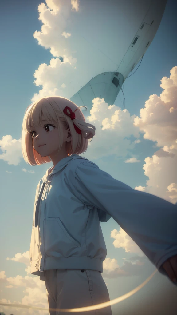 masterpiece, best quality, movie still, 1girl, floating in the sky, cloud girl, cloud, (close-up:1.1), bright, happy, fun, soft lighting, (Bauhaus, shapes, lines, abstract:1.1)