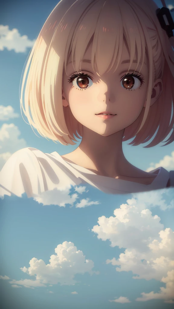 masterpiece, best quality, movie still, 1girl, floating in the sky, cloud girl, cloud, (close-up:1.1), bright, happy, fun, soft lighting, (Bauhaus, shapes, lines, abstract:1.1)