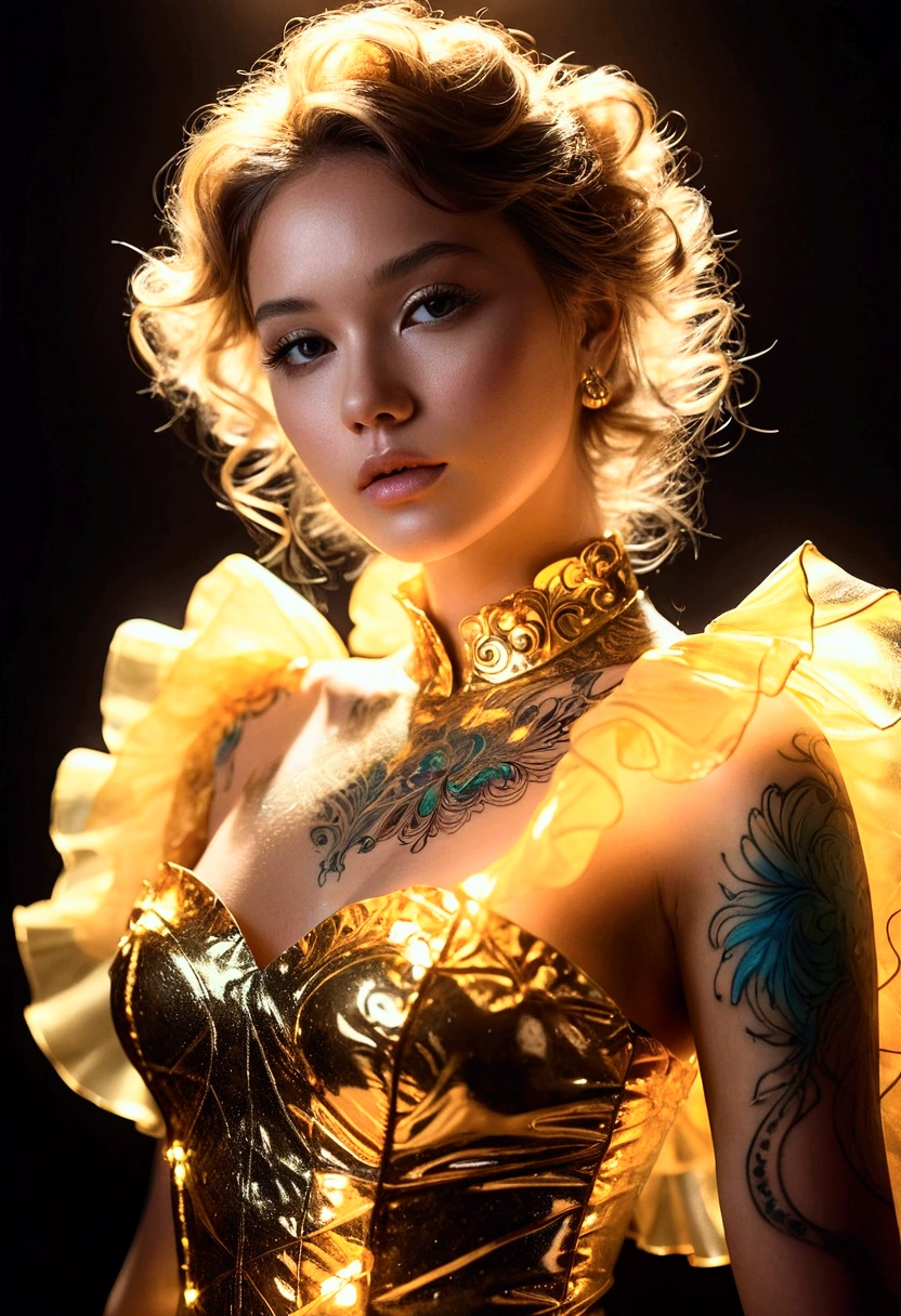 ((Gem_Light element)), (Translucent luminous body_Wearing a golden frilly blouse), (Girl made of light: 1.2), (Minimalism: 0.5), (Close-up angle above the waist: 1.3), Low angle shot, ( tattoo): 0.7), 4K, HDR, acid graphics, fantasy work, [detailed vivid face: 0.33], (white translucent body and hair: 1.3), silhouette outline and shining beautiful woman, understated elegance is revealed. A calm and deep atmosphere offering subtle luxury, sophisticated poses, fluorescence, luminescent tattoos, bioluminescent tattoos, and glowing patterns.