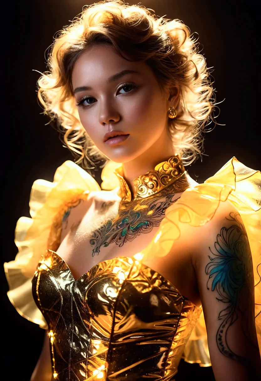 ((Gem_Light element)), (Translucent luminous body_Wearing a golden frilly blouse), (Girl made of light: 1.2), (Minimalism: 0.5),...